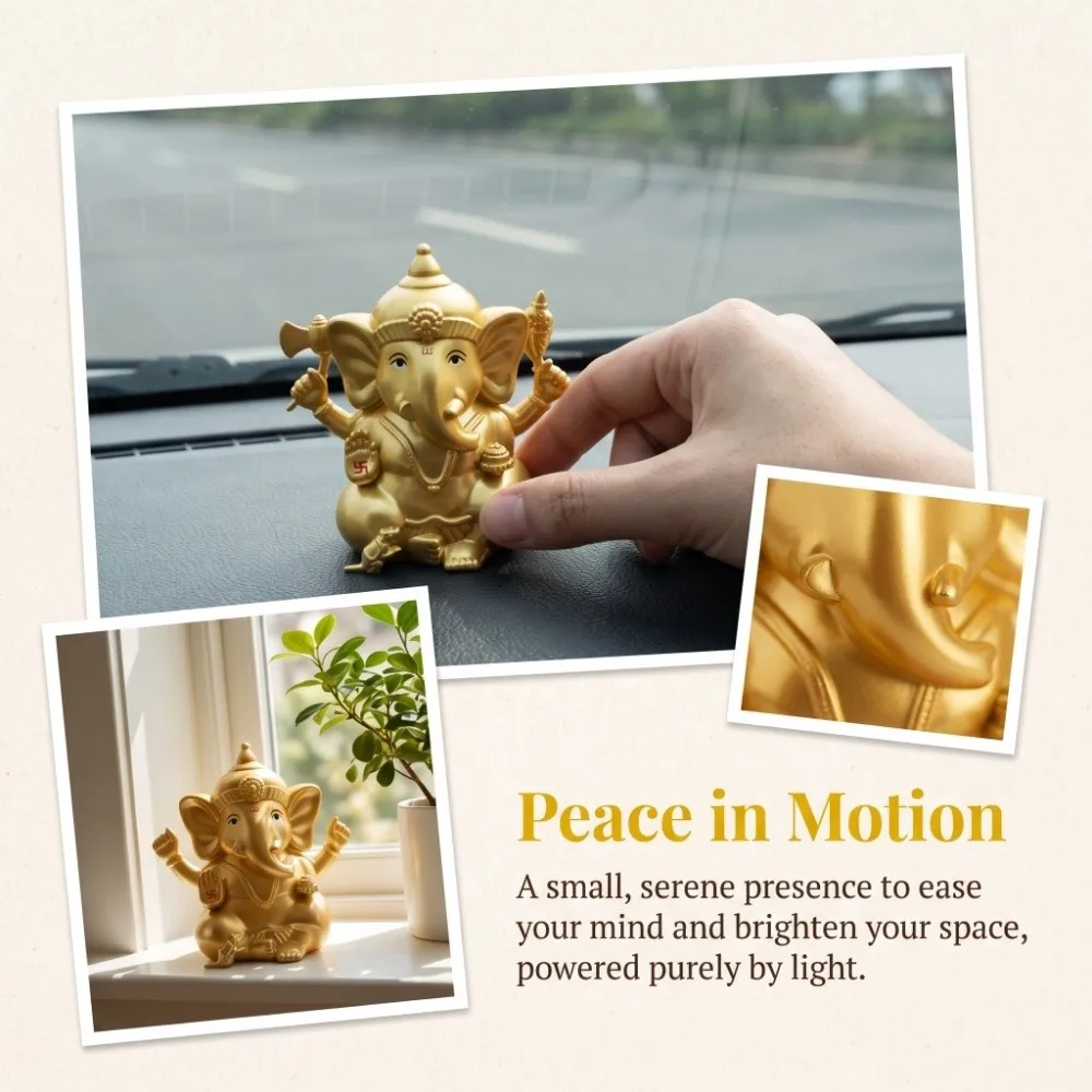 ABS Solar Swinging Elephant Car Ornament Gold 2.60*2.87*3.03in Cultural Symbolic Dashboard Decor Built-in Light Receiving Panel