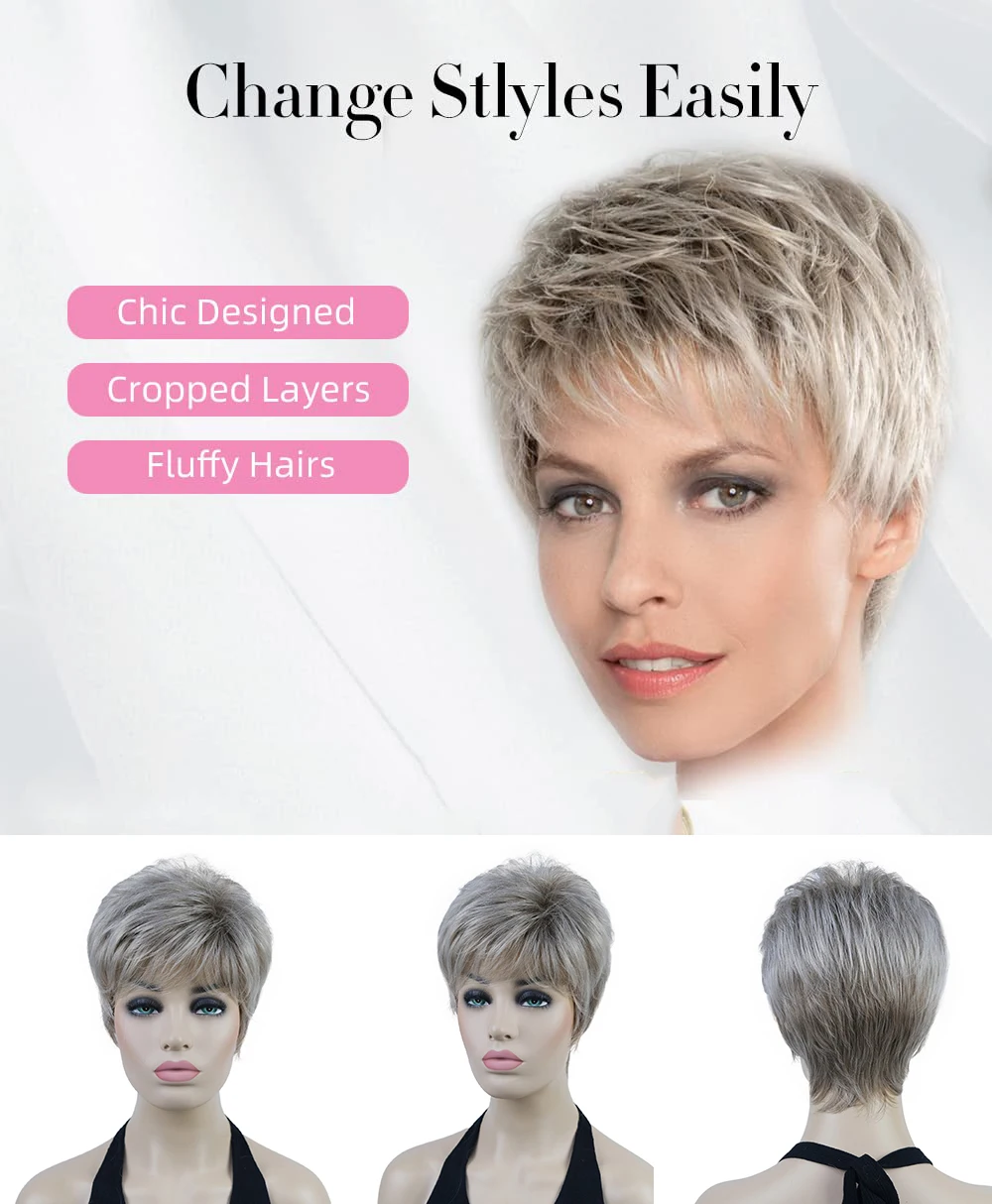 Short Ash Blonde Pixie Cut Wig for White Women, Synthetic Ombre Blond Short Straight Hair Wig with Piecey Bangs And Texture-Ric