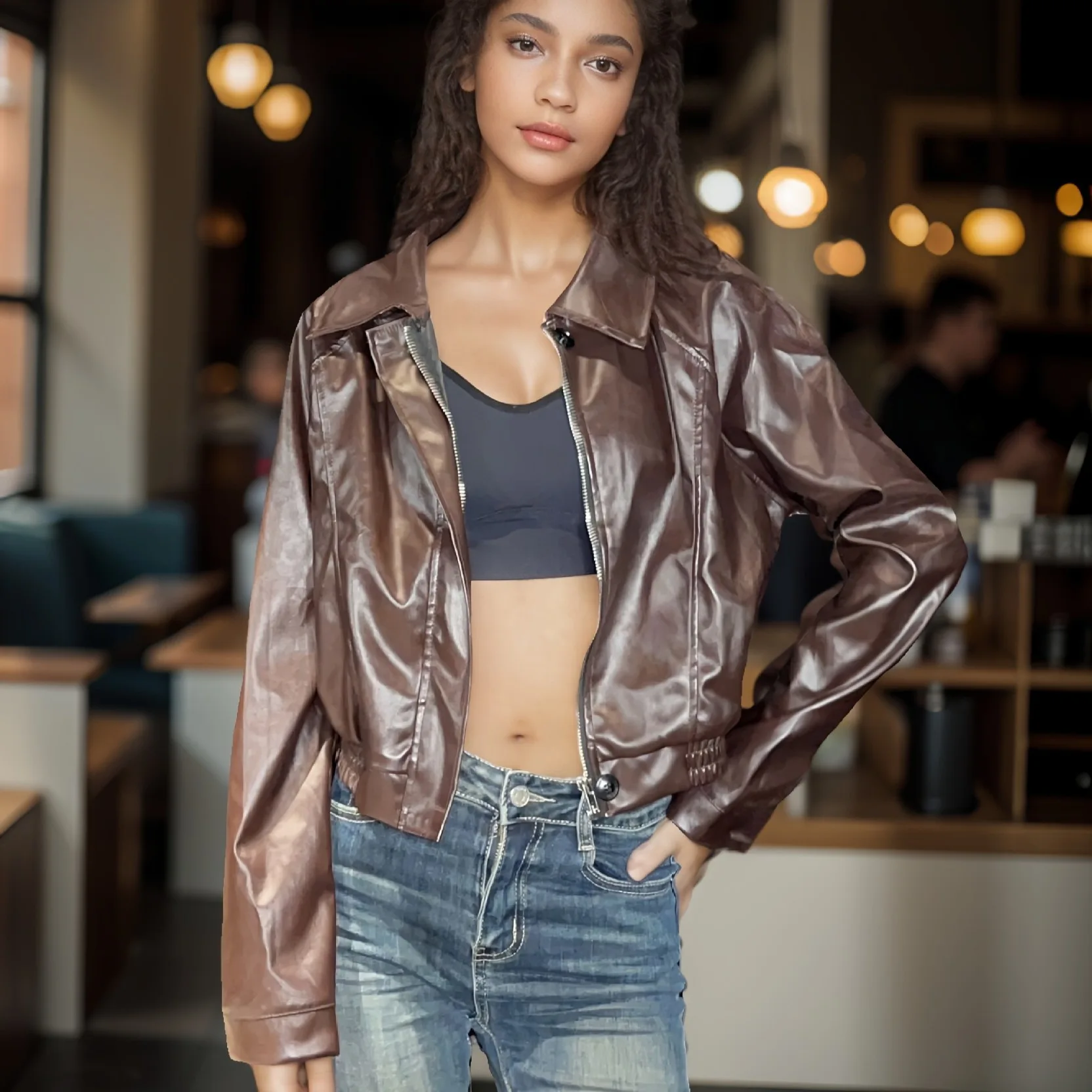 

Women's Biker Cardigan Jacket Maillard Style Leather Casual Daily Coat European And American Fashion Autumn New