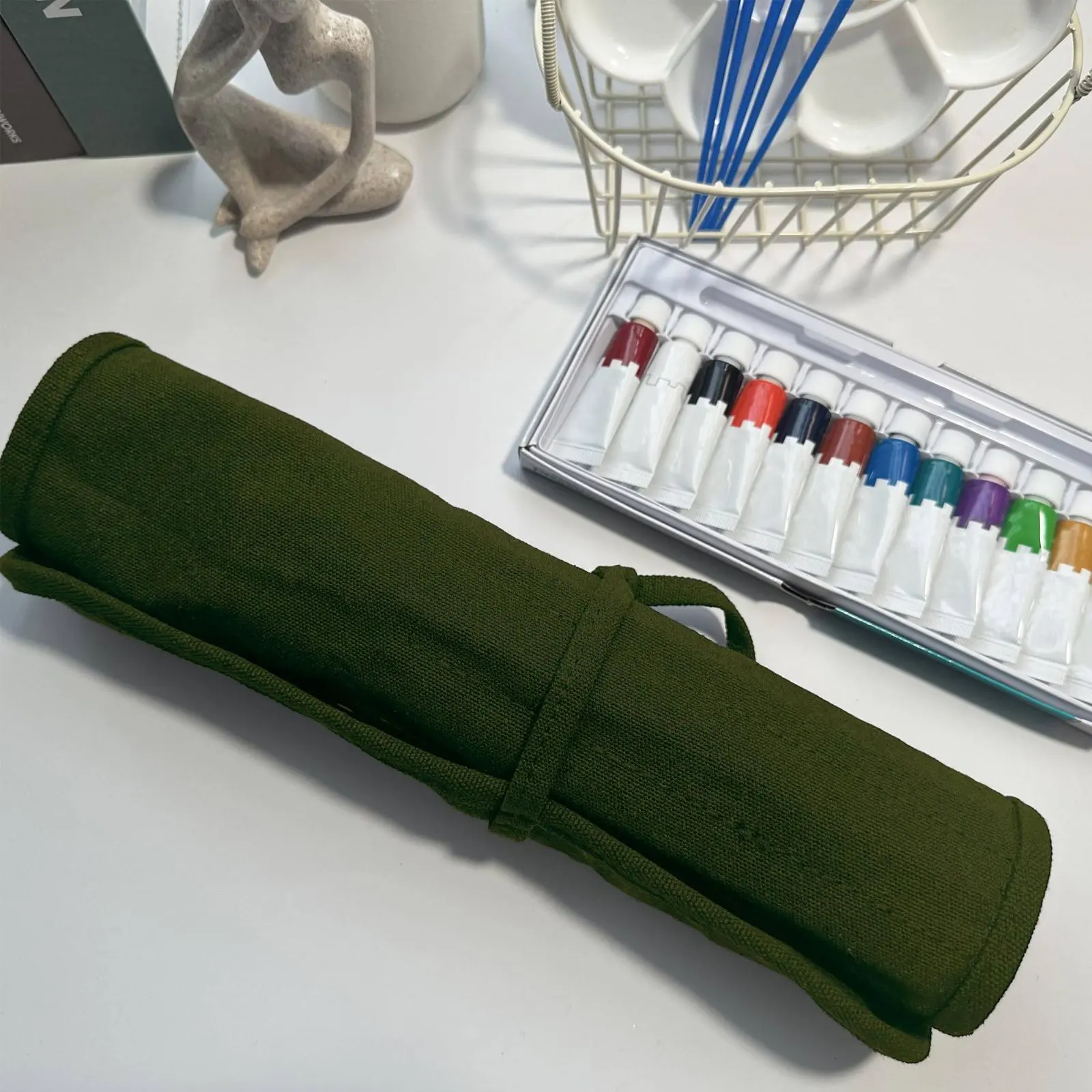 22 Pocket Brush Pouch Easy-to-Clean Textile Canvas Paint Brush Roll Roll-up Paintbrush Holder Secure Tie Closure for Painters