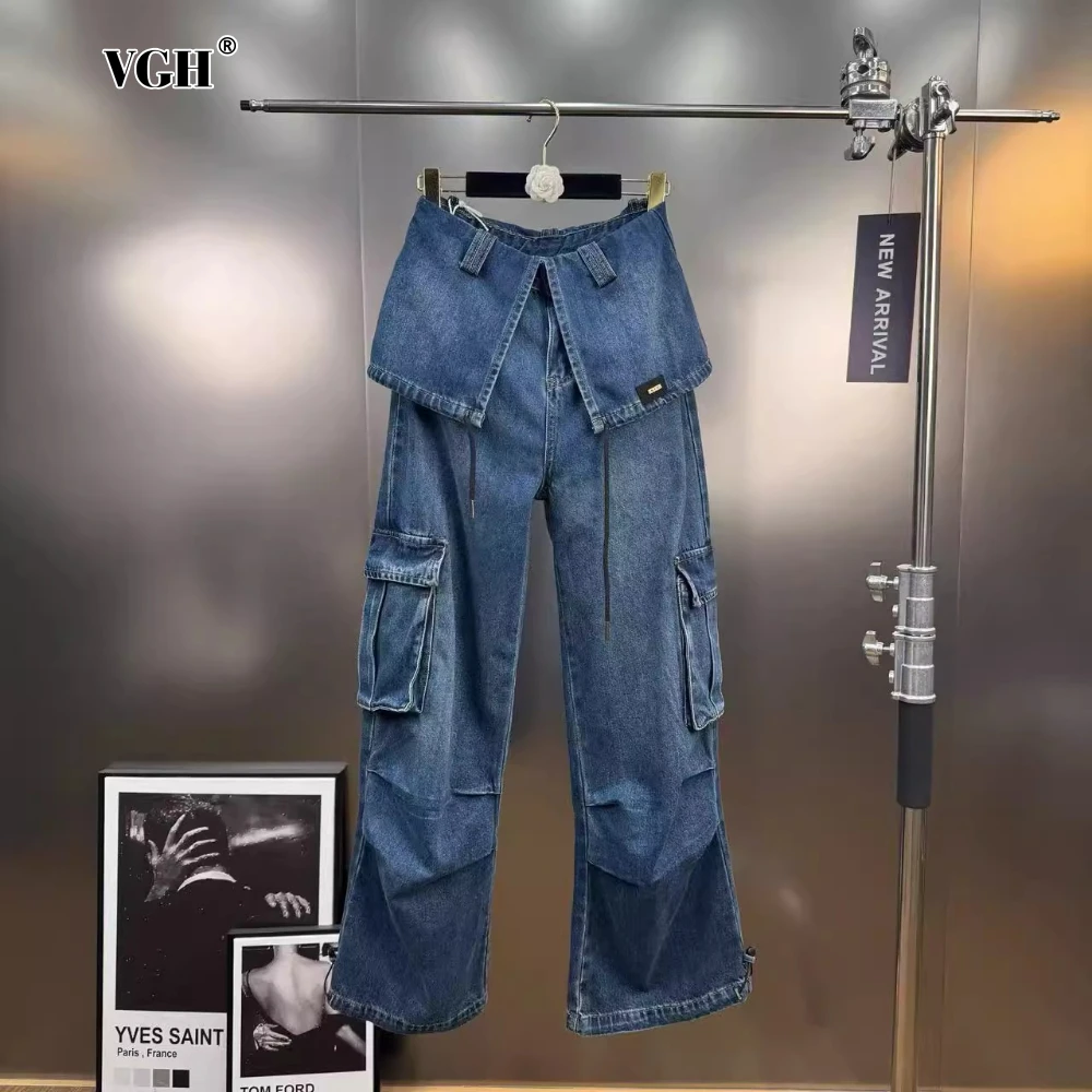 

VGH American Retro Fake Two Piece Set Jeans for Women High Waist Patchwork Drawsting Multi Pockets Design Cargo Trousers Female