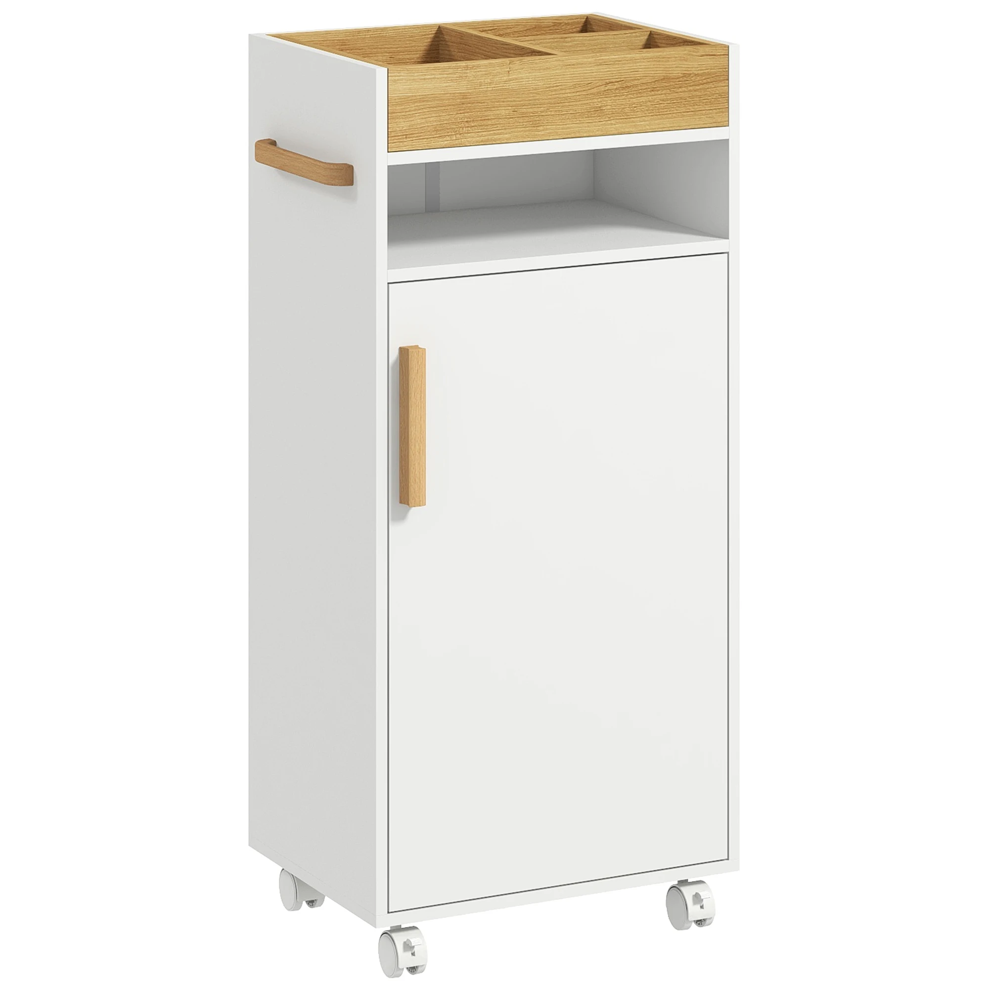 Image of Kleankin Moderner Badezimmerschrank mit Regalen und Rollen 40X30X88 cm Weiß und Eiche
