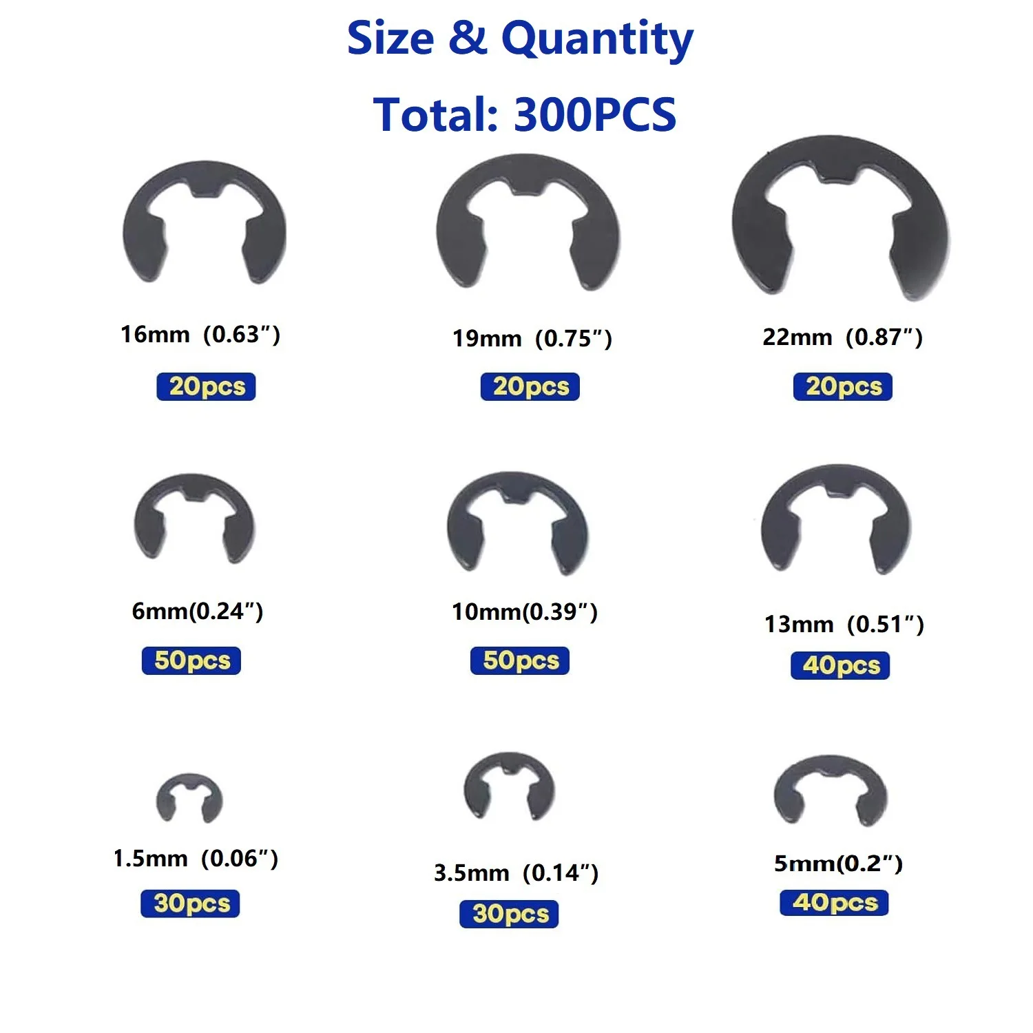 300PCS Retaining Ring Assortment Kit Multi Size Circlips High Carbon Steel Phosphating Rust Proof