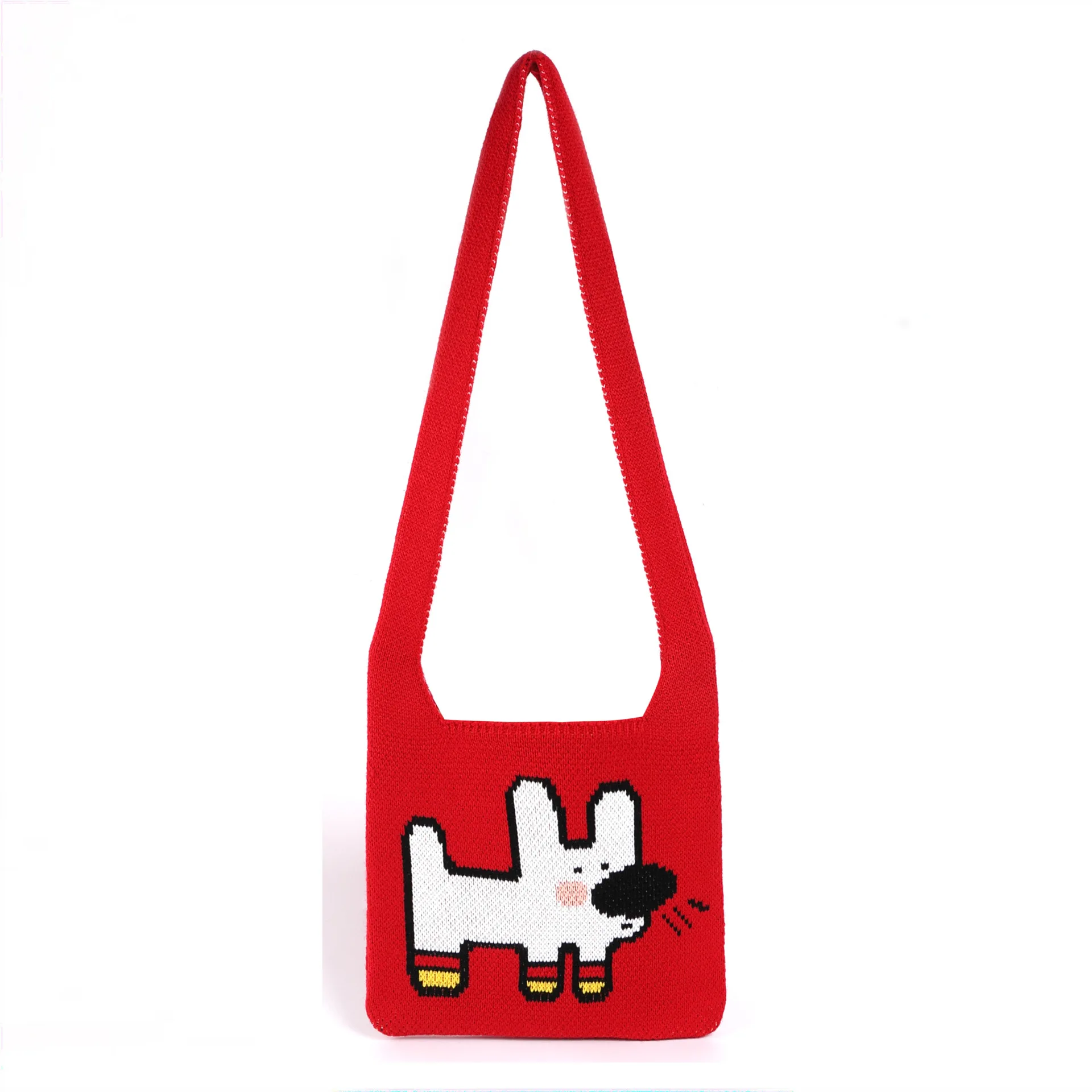 Female Knitted Cartoon Dog Pattern Medium Hobo Bag Street Wear Korean Casual Fashion Y2K Aesthetic Knitted Side Crossbody Bag