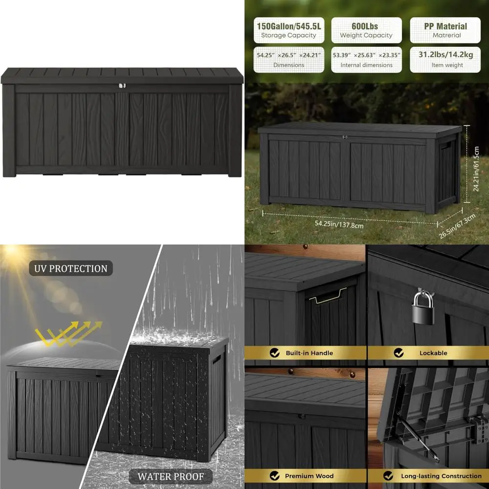 Kotak Penyimpanan Dek Luar Ruangan Tahan Air 150 Galon, Dapat Dikunci, untuk Bantal, Peralatan Kebun, dan Perlengkapan Kolam Renang