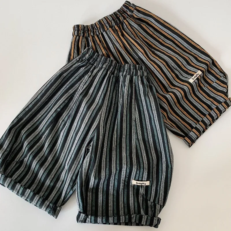 Gestreifte Shorts für Kinder, Jungen, elastische Taille, lässige, lockere Hose mit weitem Bein, Kinder-Sommer-Strandshorts aus Baumwolle und Leinen für Kleinkinder-Outfits
