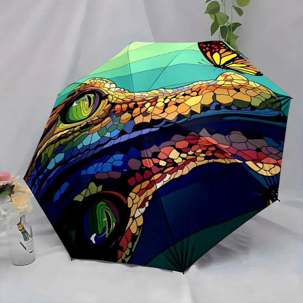 Colorful Mosaic Crocodile Face Design with Butterfly Theme portable waterproof sun rain umbrella for outdoor travel beach