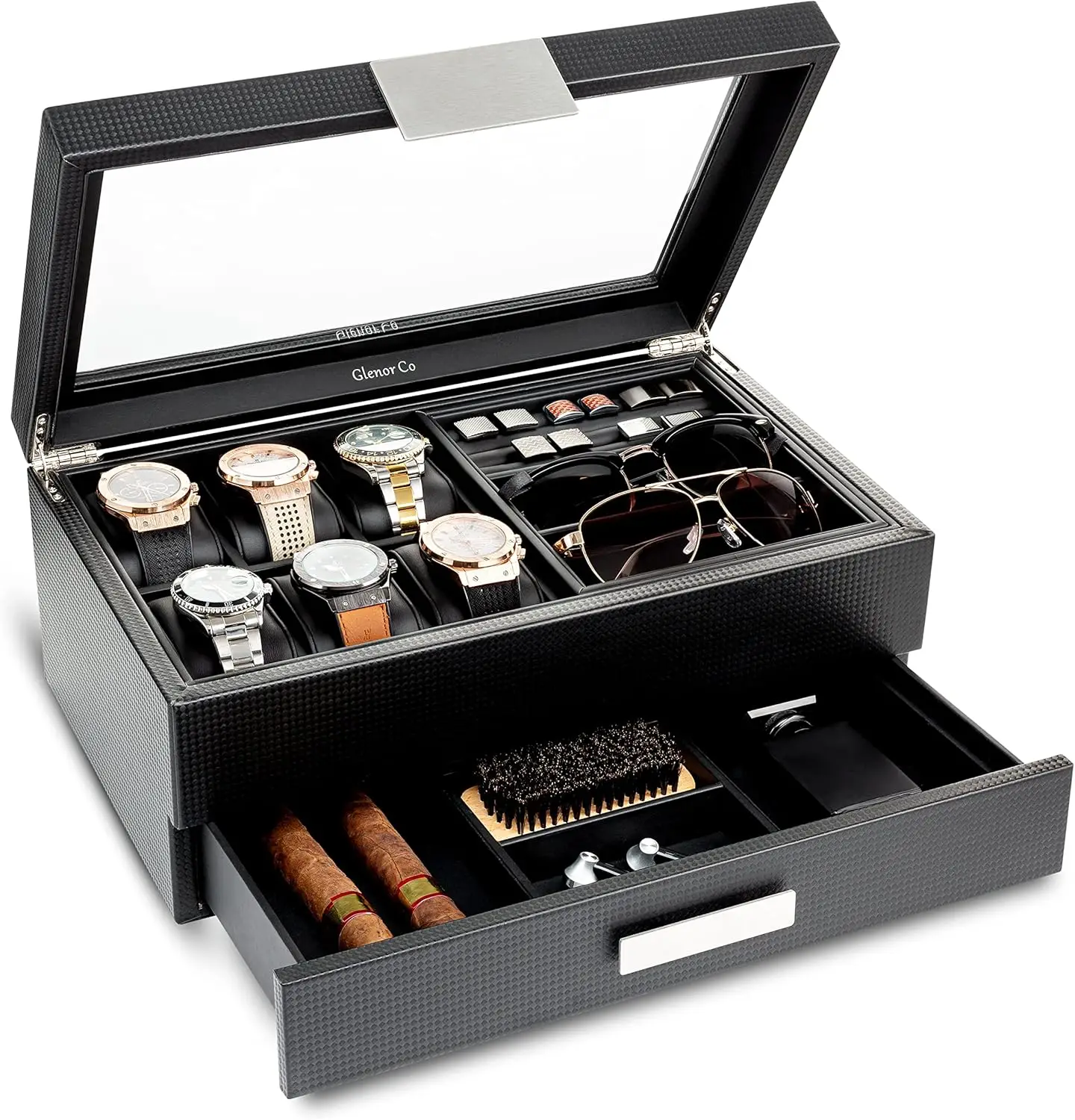 Men's Carbon Fiber Watch Box with Glass Lid - Holds 6 Watches, 12 Cufflinks, Sunglasses Storage