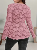 T-shirt à manches longues en dentelle pour femmes, élégant, à la mode, haut en dentelle, coupe confortable, tenue décontractée 2