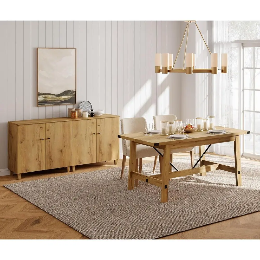 70.8 Wide Wooden Storage Cabinet with 4 Doors and 6 Compartments for Kitchen, Living Room, or Hallway, Oak Brown