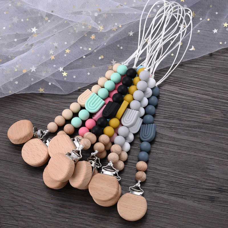 Baby Beech Pacifier Clip Baby Anti-drop Pacifier Chain Silicone Rainbow Beads Teething Chain Toy Gifts Dummy Holder Nipple Clip