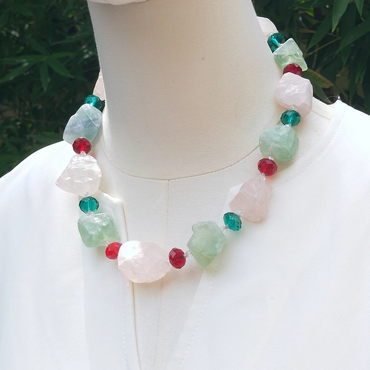 Lii Ji Real Stone Mutil Color Fluorite Rose Quartz Crystal Necklace 50cm Stock Sale Women Jewelry Gift