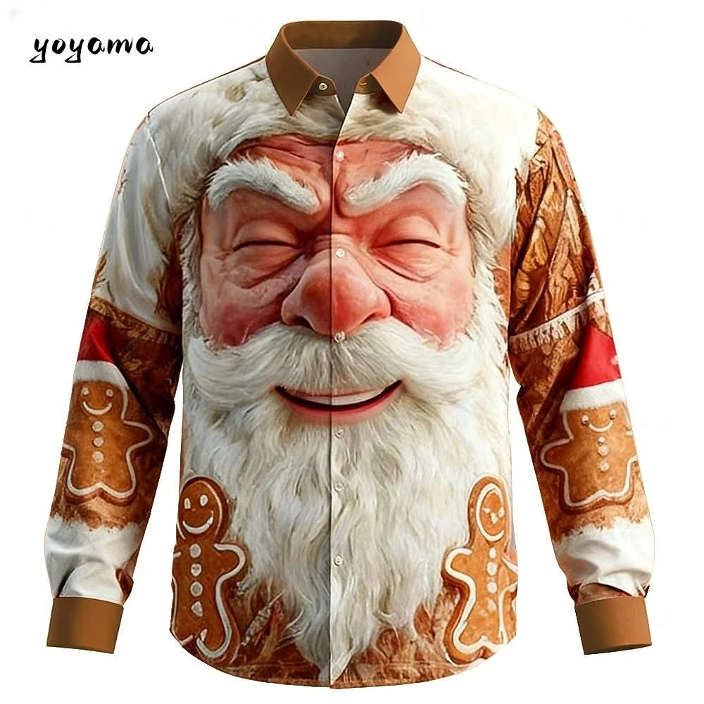 패션 남성용 재미있는 산타 얼굴 셔츠 3D 프린트 버튼업 칼라 2026 크리스마스 긴팔 상의 봄 가을 휴일 남성 셔츠