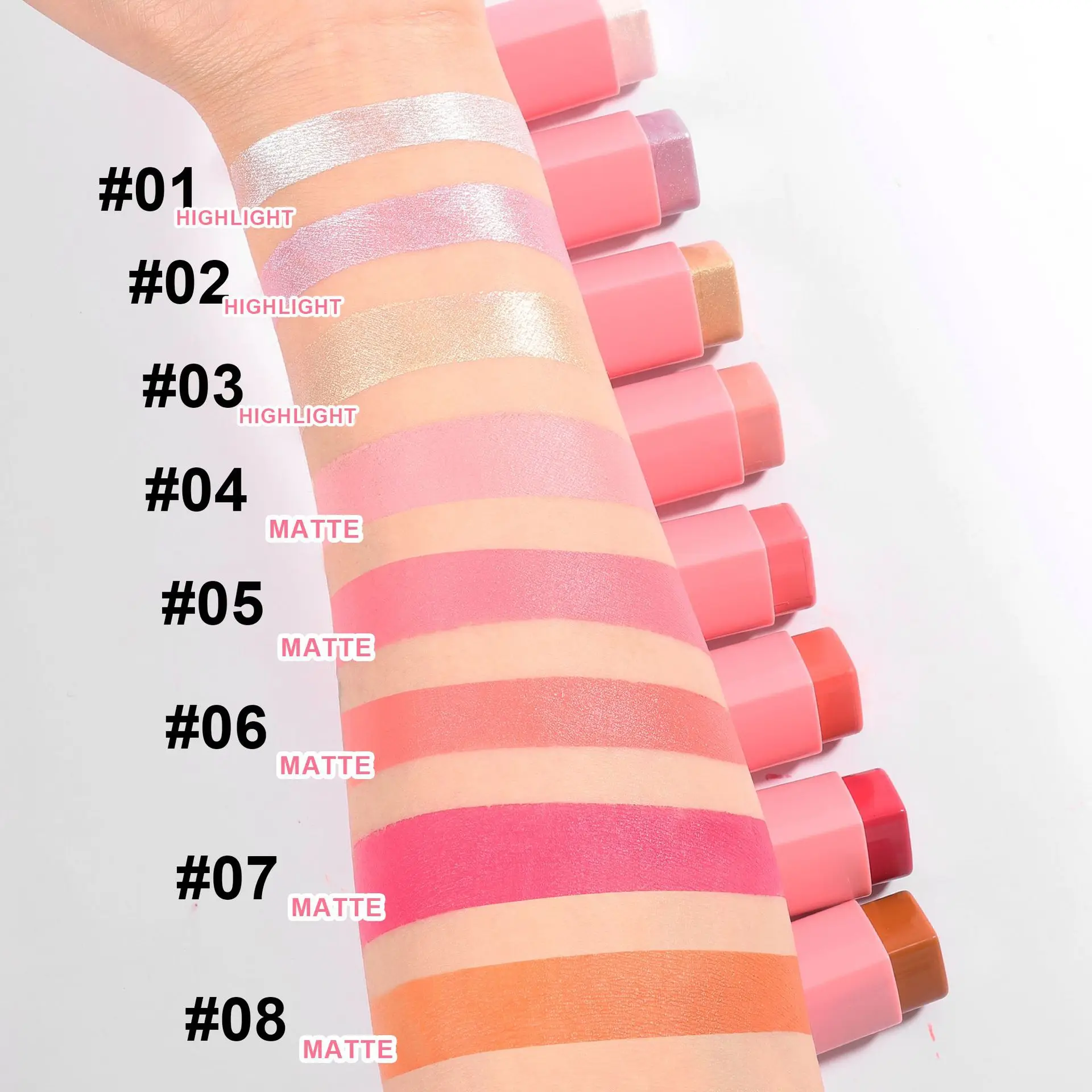 Handaiyan 8 cores em forma de coração blush em pó blush contorno creme shimmer rosto maquiagem iluminador vara