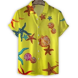 Cartoon Sea Animals Fish 3d Print Shirt Men Starfish Shells Pattern Short Sleeve Tees Fashion Summer Button Lapel Blouse Tops