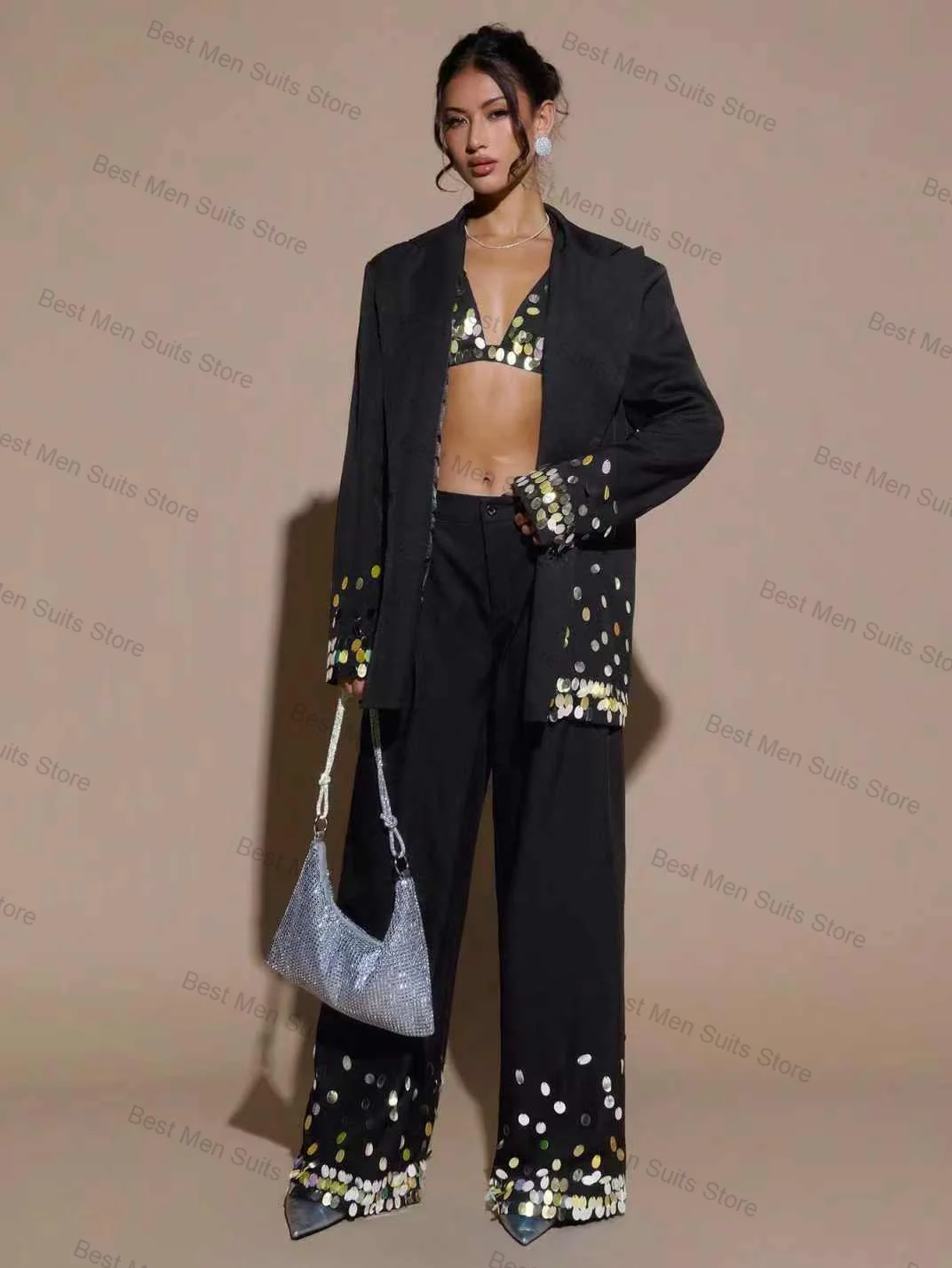 

Glitter Sequins Women Suit Set 3 Pcs Black Blazer+Top Bra+Pants Formal Office Jacket Customized Cotton Wedding Tuxedo Guest Coat