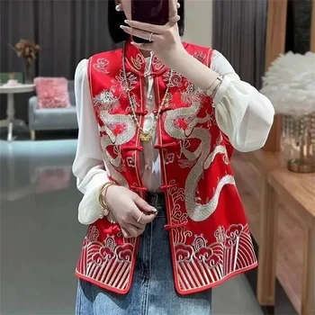 ผู้หญิงจีนยืนคอหัวเข็มขัด Acetate ซาตินเสื้อกั๊กฤดูใบไม้ร่วงฤดูหนาว Heavy Industry Golden Dragon เย็บปักถักร้อยสไตล์แห่งชาติเสื้อกั๊ก