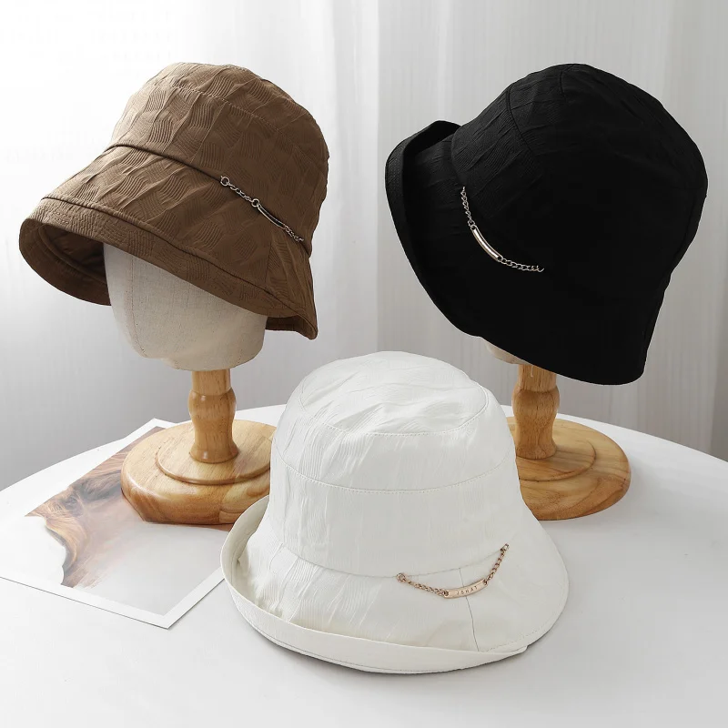 New Pleated Chain Casual Fabric Fisherman Hat - Spring Autumn Outdoor Bucket Hats Women, Windproof Sunshade Casual Cap