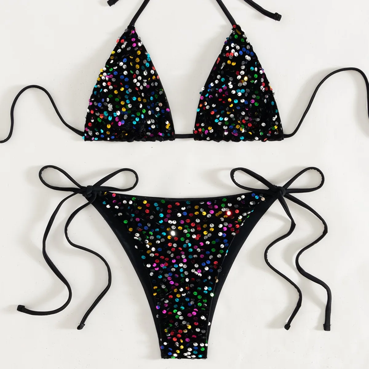 2026 New Women Sequin Bikini Set Halter Triangle Top Side Tie Bottom Glitter 3 Colors Brazil Beach Party Bathing Suit Swimwear