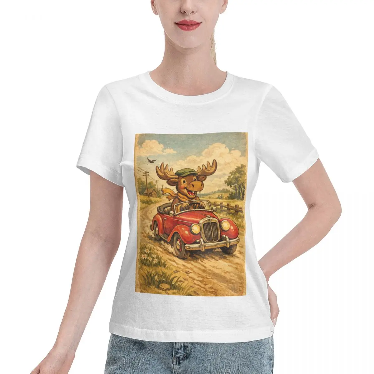 Popular Pick Retro Image Funny Moose Driving A Vintage Car Women's T-shirt Minimalist Outfit Plain Cotton Top