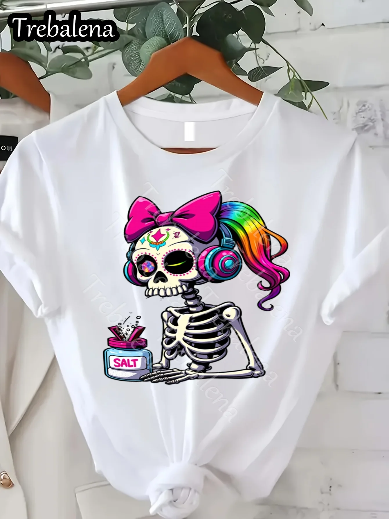 Women's Casual Crew Neck T-Shirt, Polyester Fabric, Regular Length, with Colorful Sugar Skull Graphic and 
