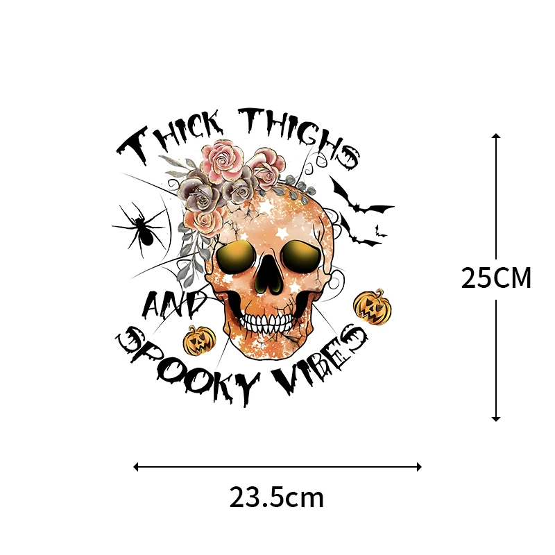 Halloween Horror Castle Heat Transfer Costume Iron On Stickers DIY Clothes Sweatshirt Punk Split Skull Print Washable Stickers