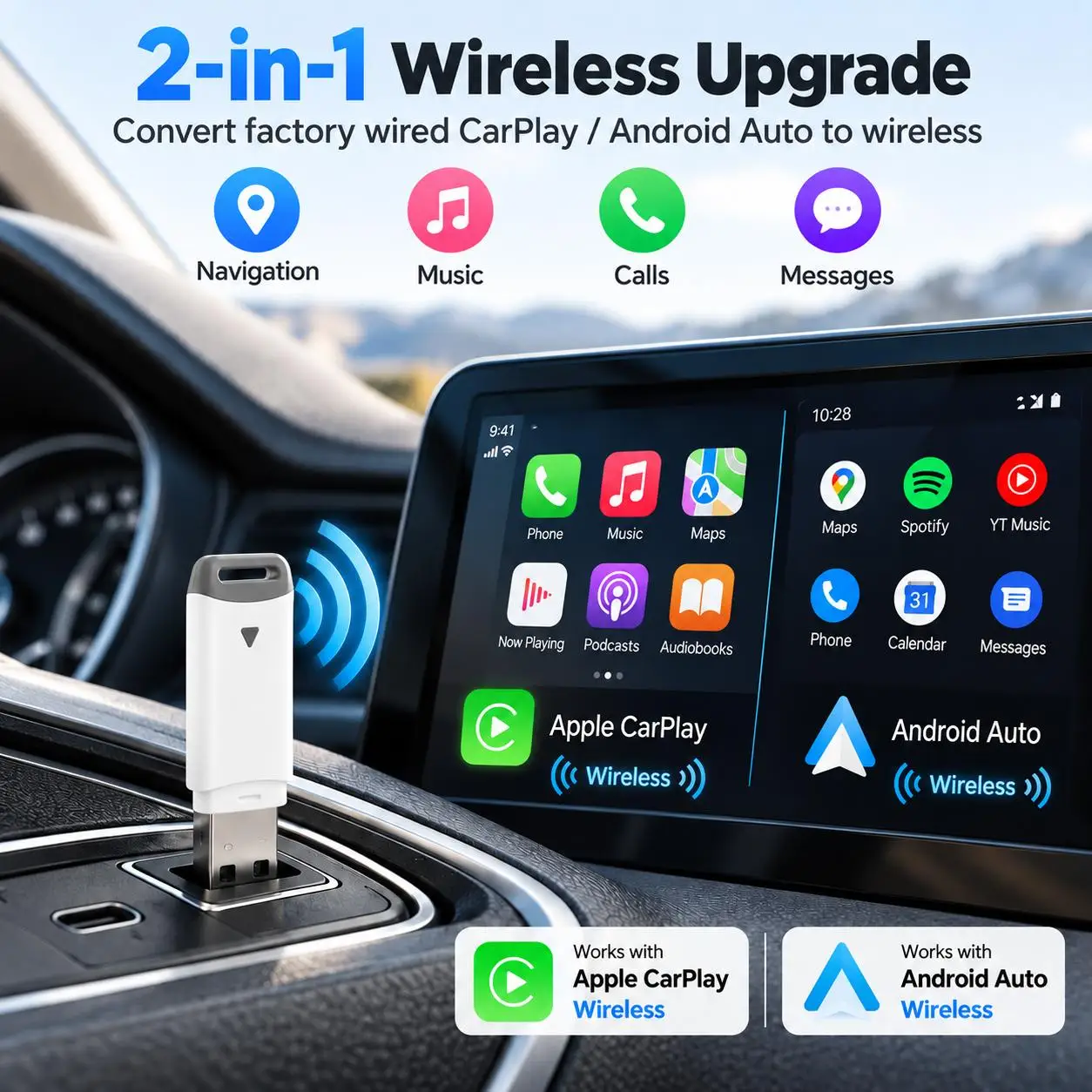 2-in-1 Wireless CarPlay & Android Auto Adapter, Universal Fit for Most Cars, Wireless Connection, Plug & Play IOS/Android
