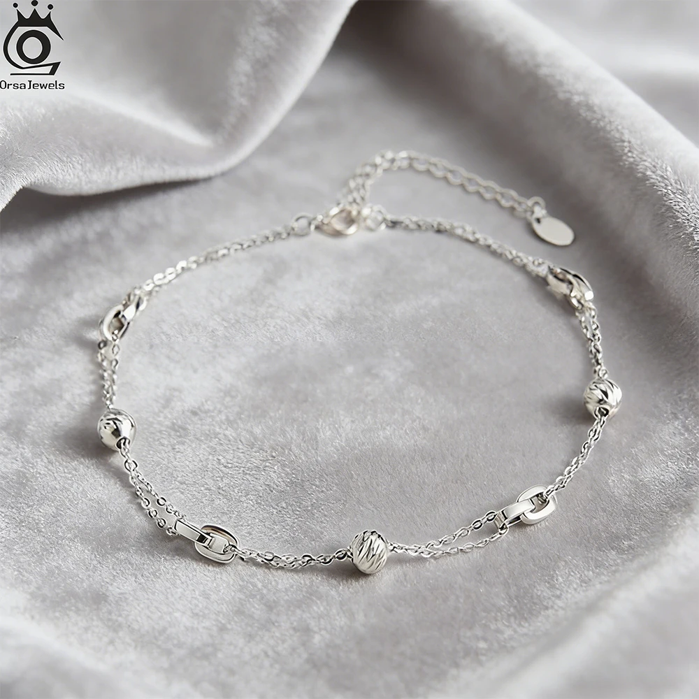 

ORSA JEWELS Dainty 925 Sterling Silver Beaded Anklet Chain for Women Summer Holiday Fashion Link Chain Foot Jewelry SA106