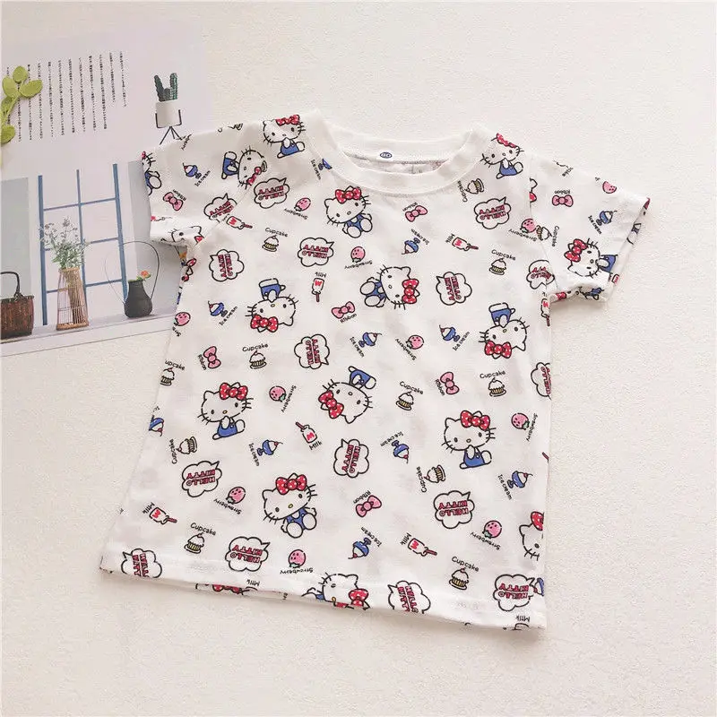 Anime Sanrios Kinder kurz ärmel ige Hallo Kittys Mädchen Cartoon Baumwolle T-Shirt atmungsaktive Mode Tops Sommer dünne Kinder kleidung