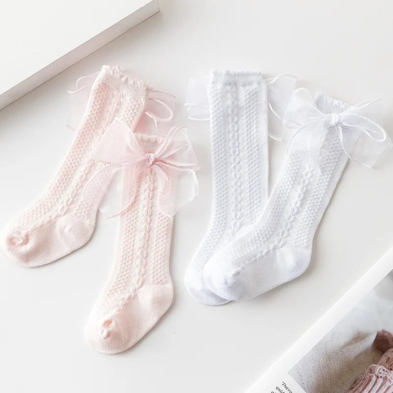 New Kids Socks Toddlers Big Bow Knee High Long Soft Cotton Lace Children Summer Spring Newborn Baby Girls Socks 2pair/lot