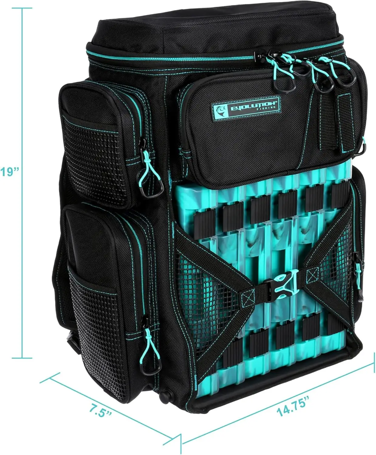 Fishing Drift Series Tackle Backpack – Seafoam, 3600 Size, Outdoor Rucksack w/ 6 Fishing Tackle Trays, Built In Rain Fly, Heavy