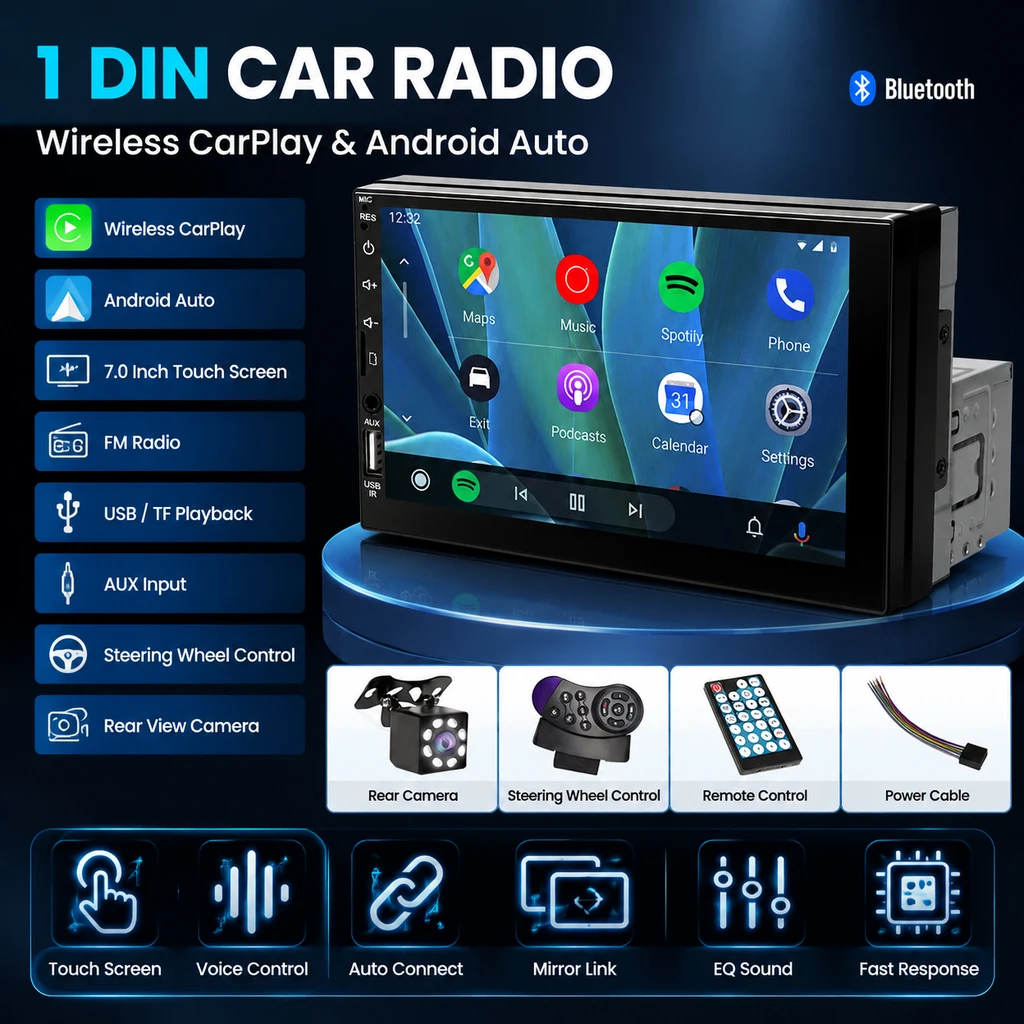 Image of HIPPCRON 1DIN Autoradio 7 Zoll Kabelloses Carplay & Android Auto Multimedia-Player IPS Touchscreen FM AUX-Eingang BT5.1 Autoradio