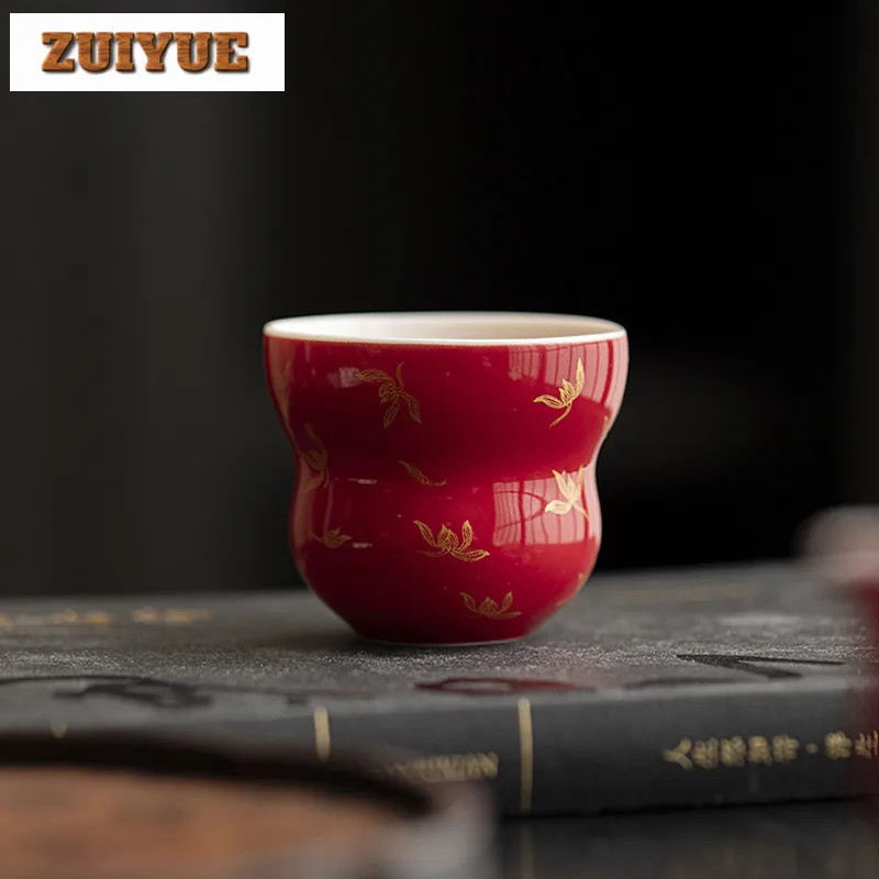 2pc/lot Ruby Red Gold Stamp Gourd Teacup Retro Tea Bowl Sample Tea Cup Tea-tasting Personal Cup Jianzhan Master Cups Tea 65ml