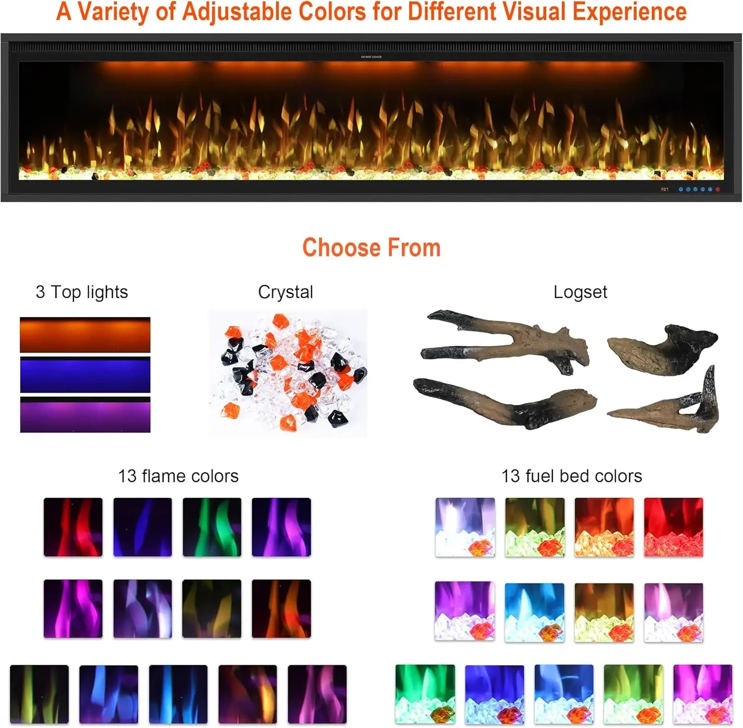 Insertos para chimenea eléctrica inteligente de 74 ", chimenea delgada con Control por aplicación, Control remoto y Panel táctil, 13 colores de llama ajustables