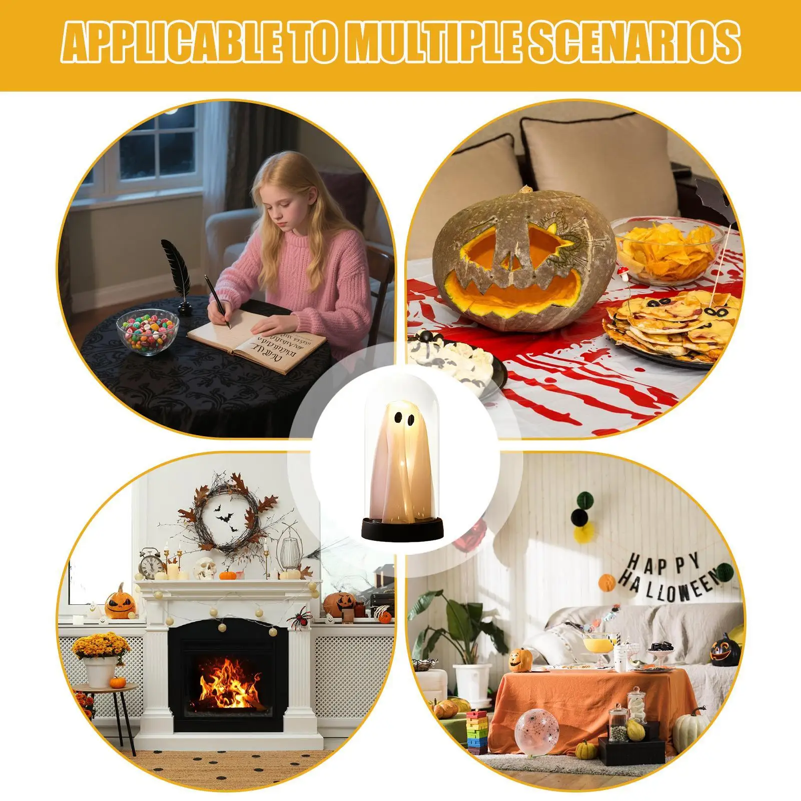 Ghost Night Light Light Up Ghost in Cloche Scary Cute LED Battery Operated Tabletop Lamp for Party Kitchen Holiday Halloween