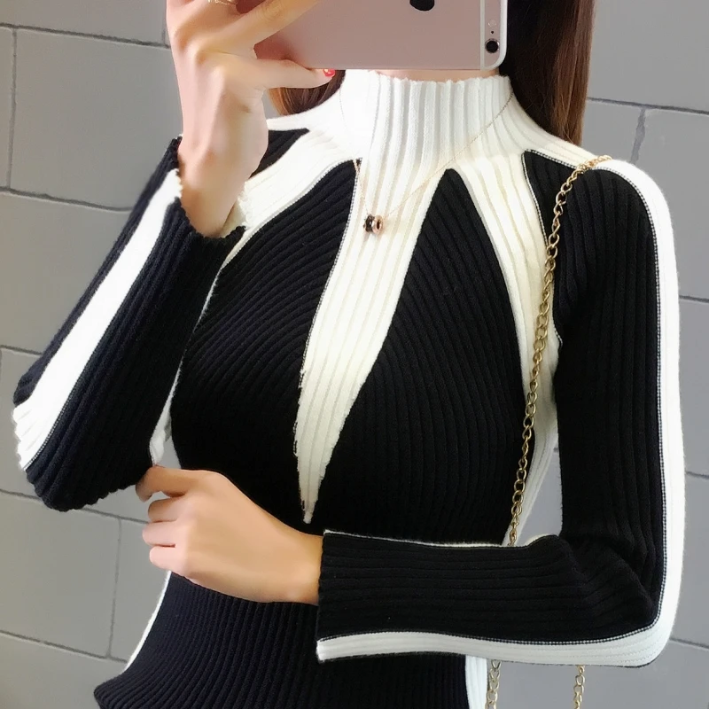 Autumn Winter Turtleneck Contrasting Colors Spliced Sweaters Female Fashion Office Lady Warm Knitted Jumpers Women's Clothing