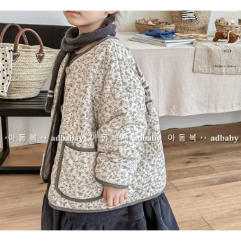 Girls Outerwear Autumn/winter 2025 Korean Version Floral Fungus Edge Cotton Jacket for Warmth and Casual Daily Wear