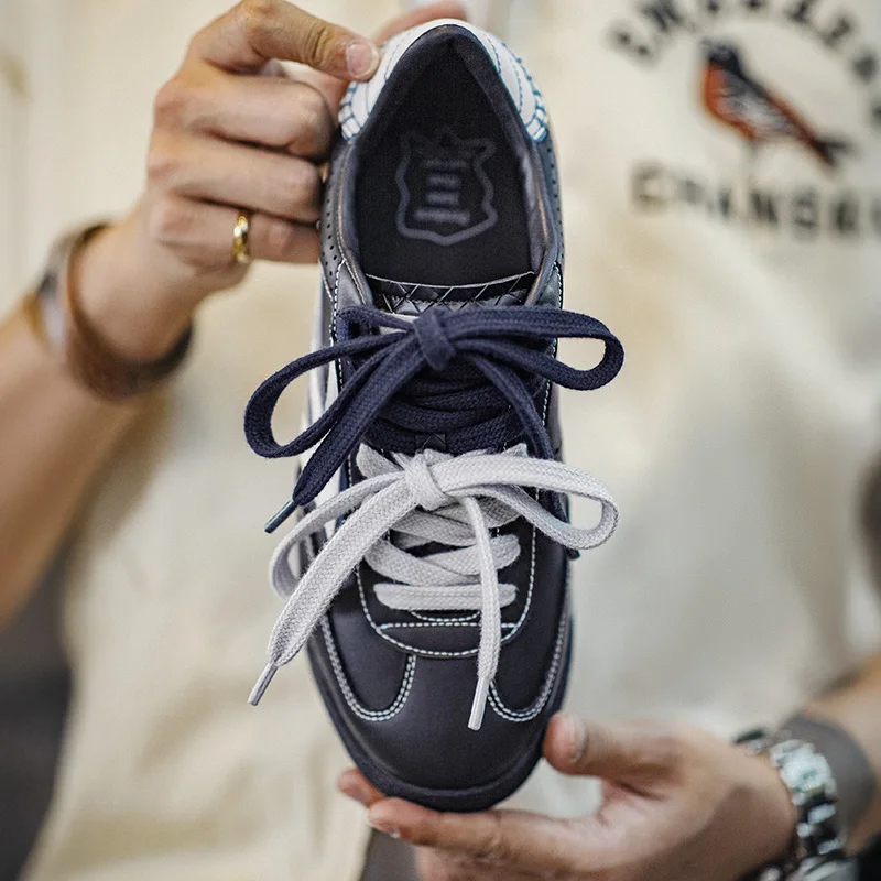 Maden Men's Casual Dual Lace-Up German Trainers Shoes Navy Blue Splice Sneakers Classic Low-Top Sporty Jogging Shoes for Walking