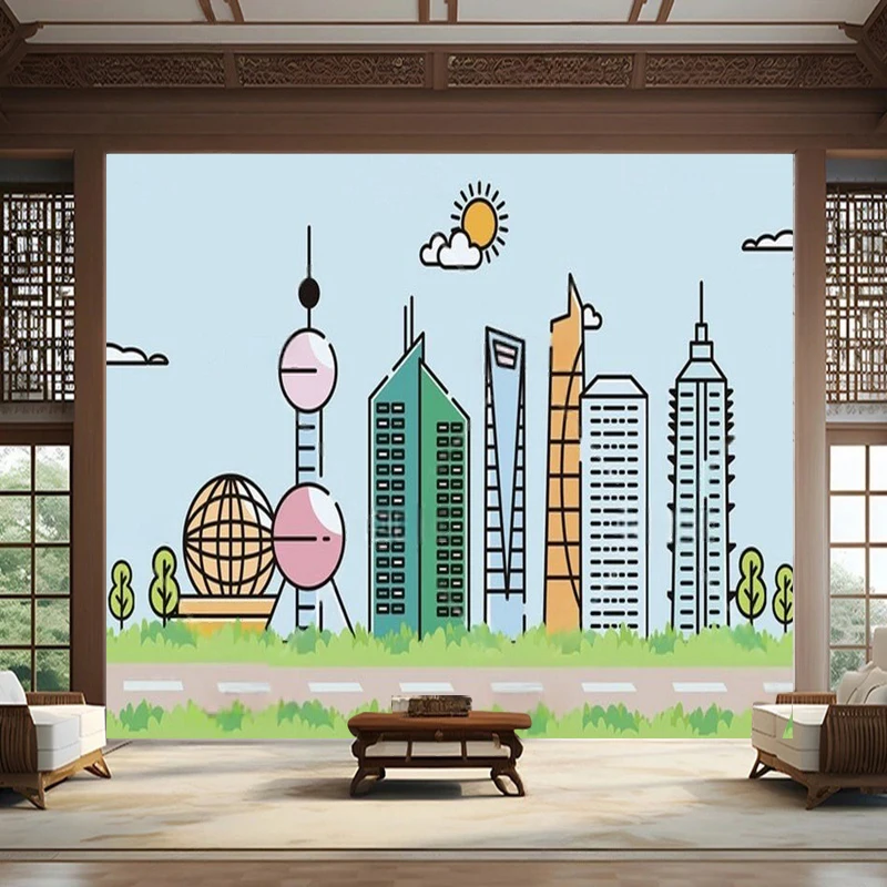 New Modern Qingqing New Artist Vector Shanghai City Landmark Scenery Cartoon Room Bookstore Custom Decoration Painting