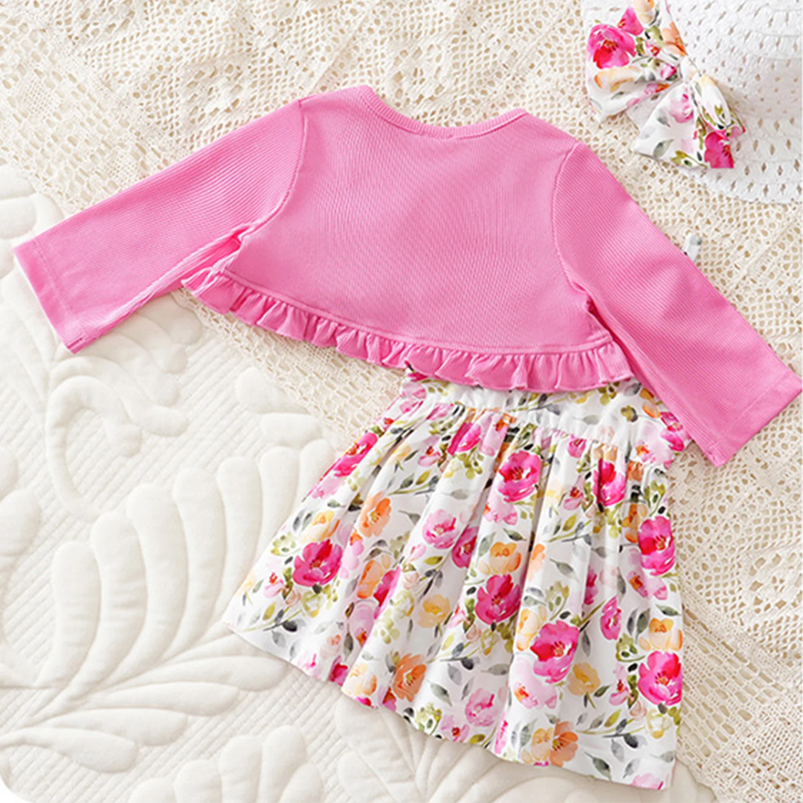 幼児女の赤ちゃん春秋甘い花柄プリントドレス長袖リブカーディガンシュラッグコート子供服衣装