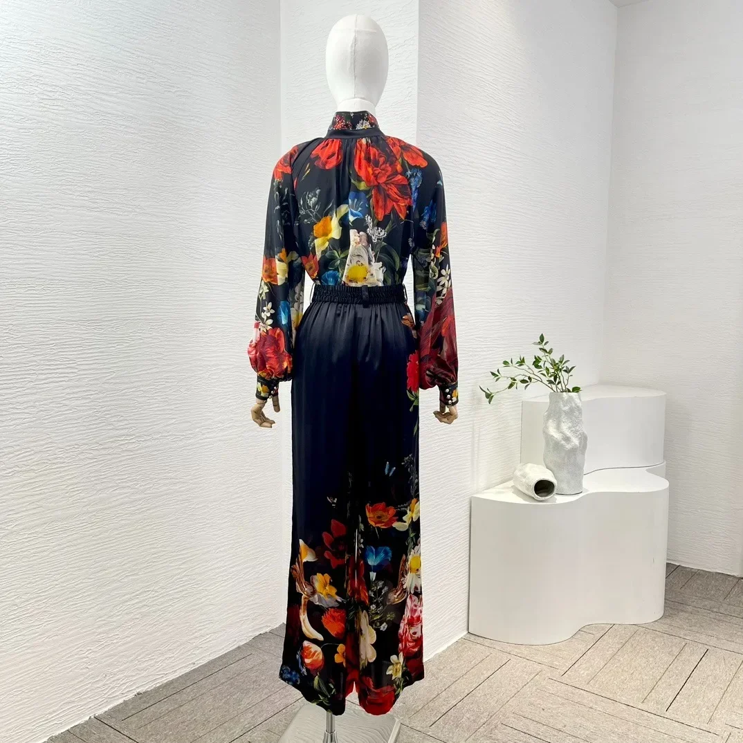 Pure Silk High Quality 2024 New Summer Elegant Black Red Flower Print Long Sleeve Diamonds Pressed Blouse Tops Pants Set