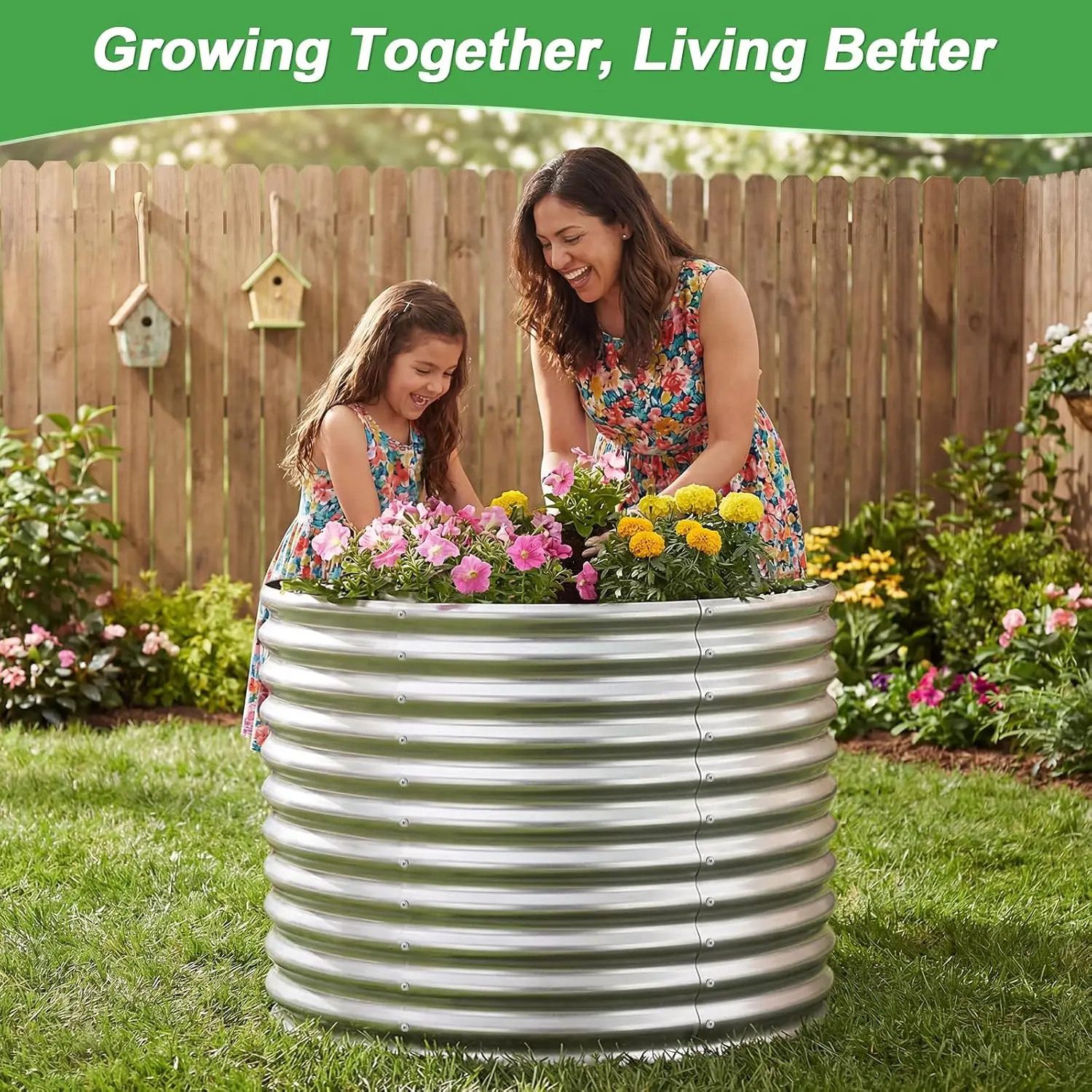 Round Galvanized Metal Raised Garden Bed Outdoor Plant Container for Vegetables Herbs Flowers Gardening