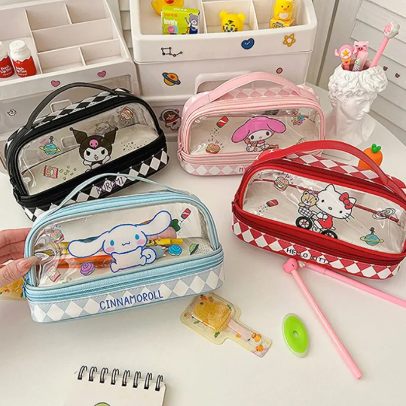 Cartoon Hello Kitty Pencil Case Cute Sanrio Series Kuromi Large Capacity Double Layer Multifuntion Portable Pen Bag Kids Gift