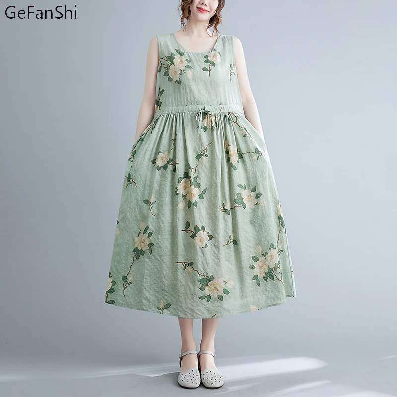 

2023 Summer O-Neck Elegant Robe Dress Vintage Floral Print Sleeveless Dress Ladies Casual Loose Beach Vest Dresses For Women