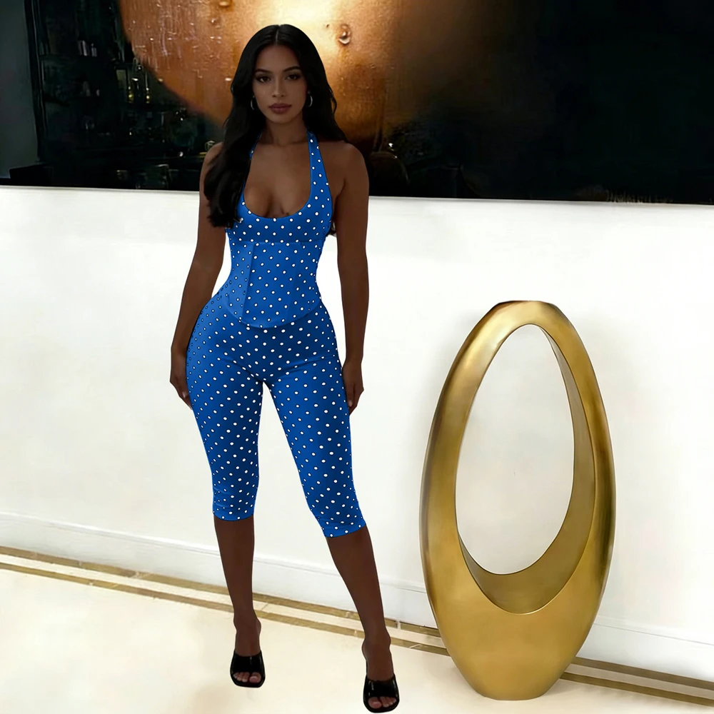 2026 Fashion Summer Women's Jumpsuit with Zipper Halter Backless Romper Polka Dot Print Lace-up Slim Sleeveless Playsuit Outfit - Image 5