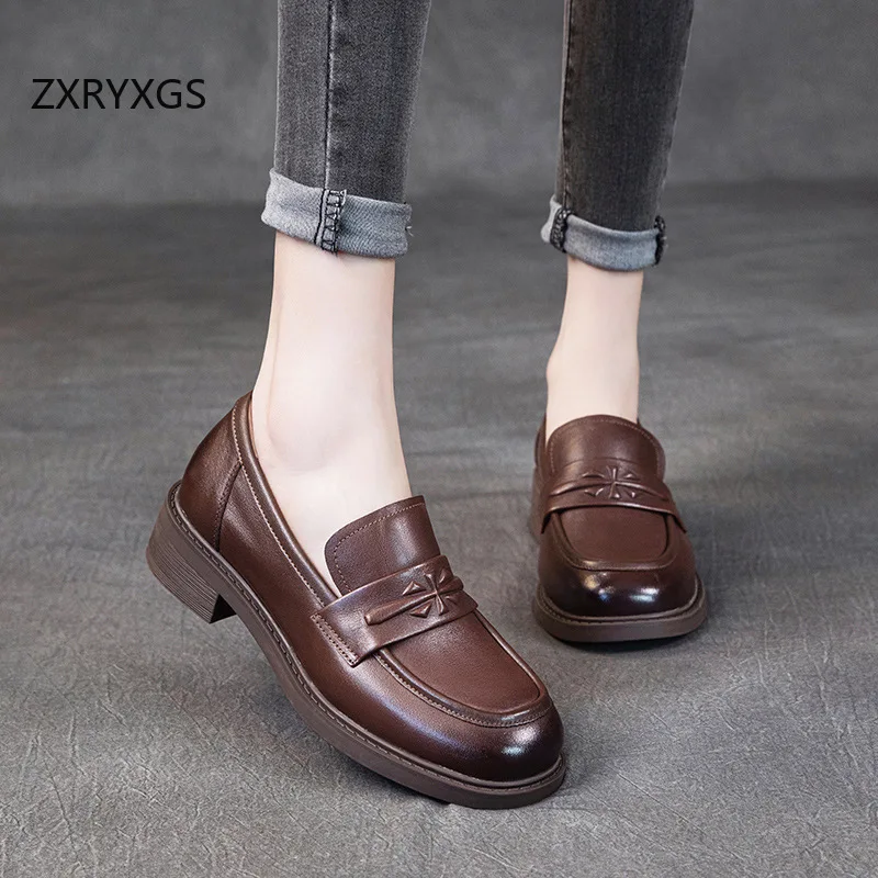 

ZXRYXGS 2025: верхние лоферы из воловьей кожи, туфли на толстом низком каблуке, осенние новые модные женские туфли из натуральной кожи, офисная рабочая банкетная обувь
