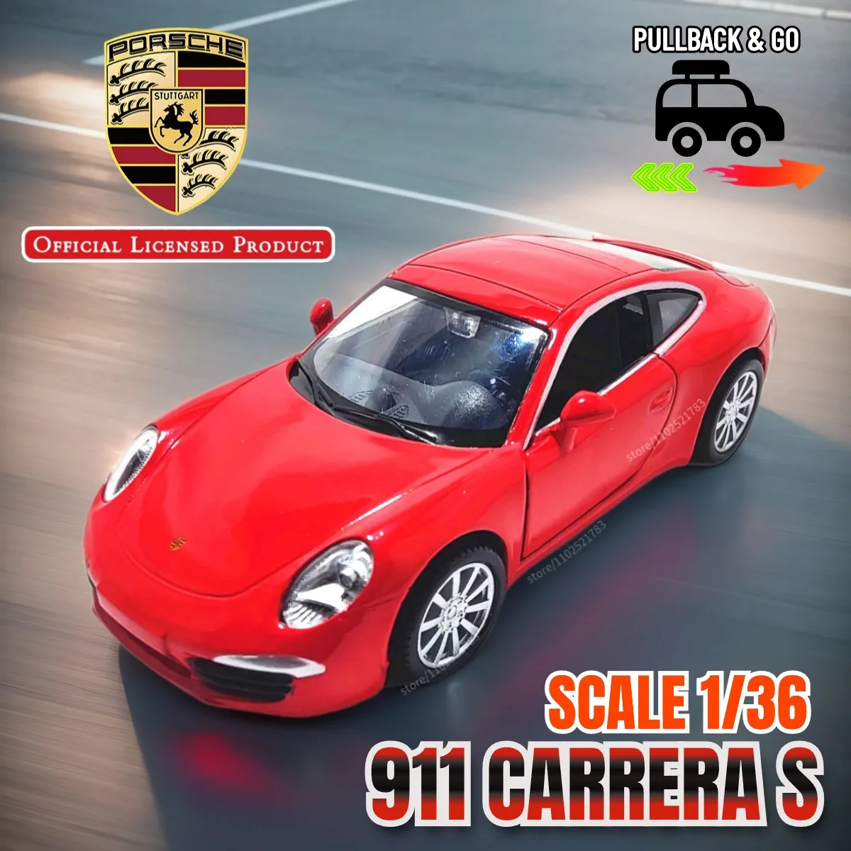 

1/36 Porsche 911 Carrera S Pullback Toy Car Model Official Licensed Alloy Diecast Vehicle Scale Replica Xmas Gift Kid Boy Toy