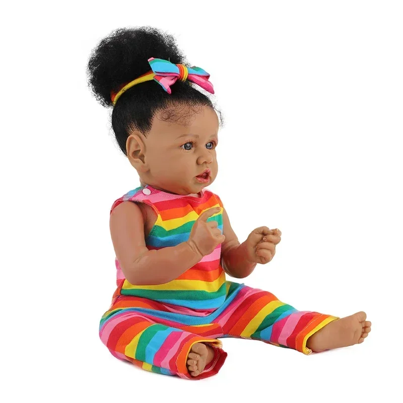 58CM FUll Body Silicone/Cloth Body Reborn Doll Saskia Lifelike Black Skin Rooted Black Hair African American Girl Collection