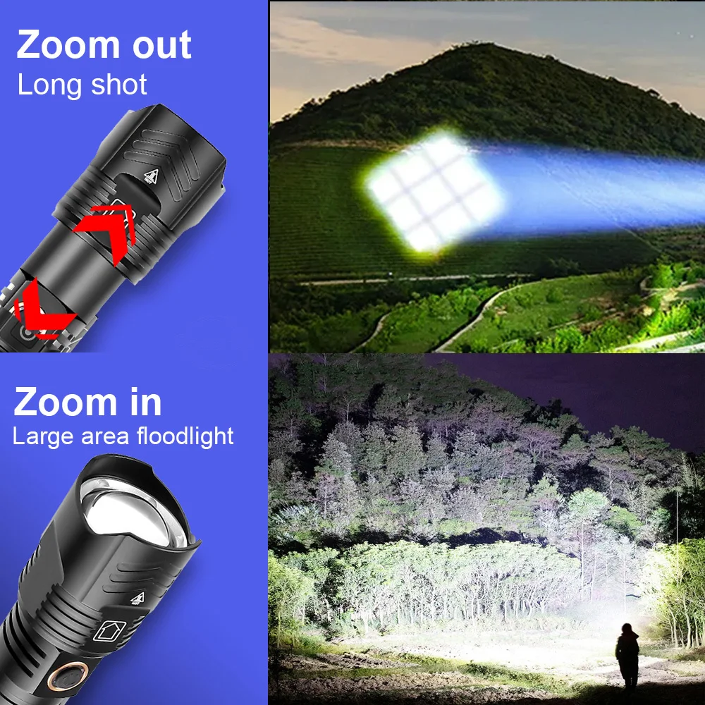 Imagem -04 - Poderoso Led de Alta Potência Tocha Recarregável Zoom Lanternas Táticas Camping Lâmpada Long Shot Núcleo Xhp100