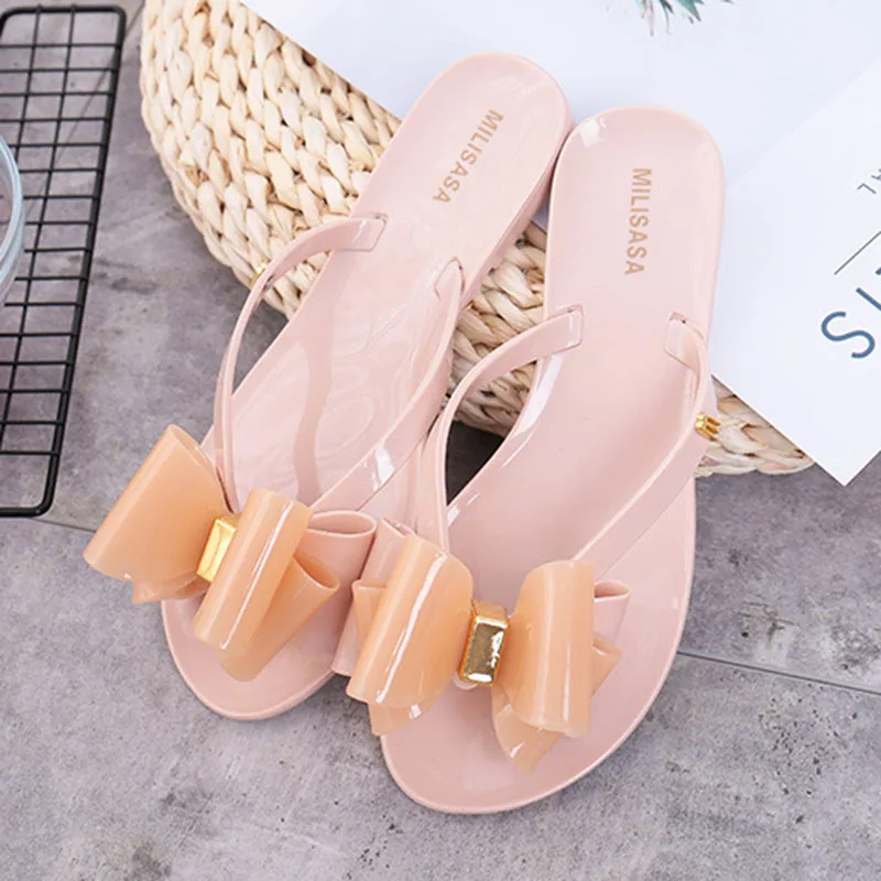 2024 Summer Women\'s Flip Flops Indoor Outdoor Slippers with Bow Casual Flat Bottom Slippers PVC Jelly Women\'s Beach Slides Shoes